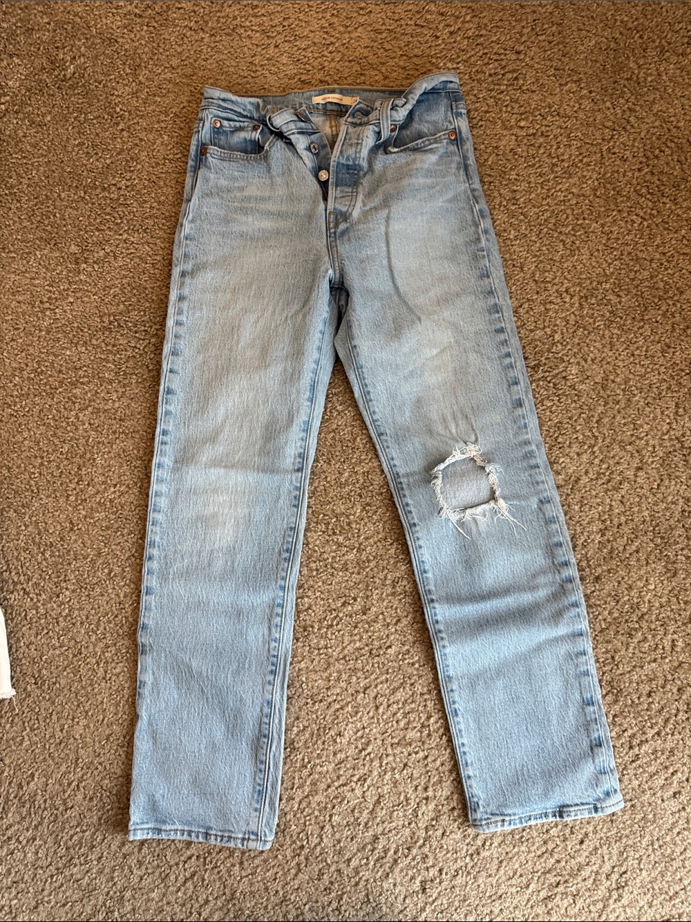 Levi's Light Blue Straight-Leg Jeans with Distressed Knee - wedgie straight
